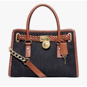 Michael‎ Kors Hamilton Whipstitch Denim Leather Satchel Shoulder Bag Purse